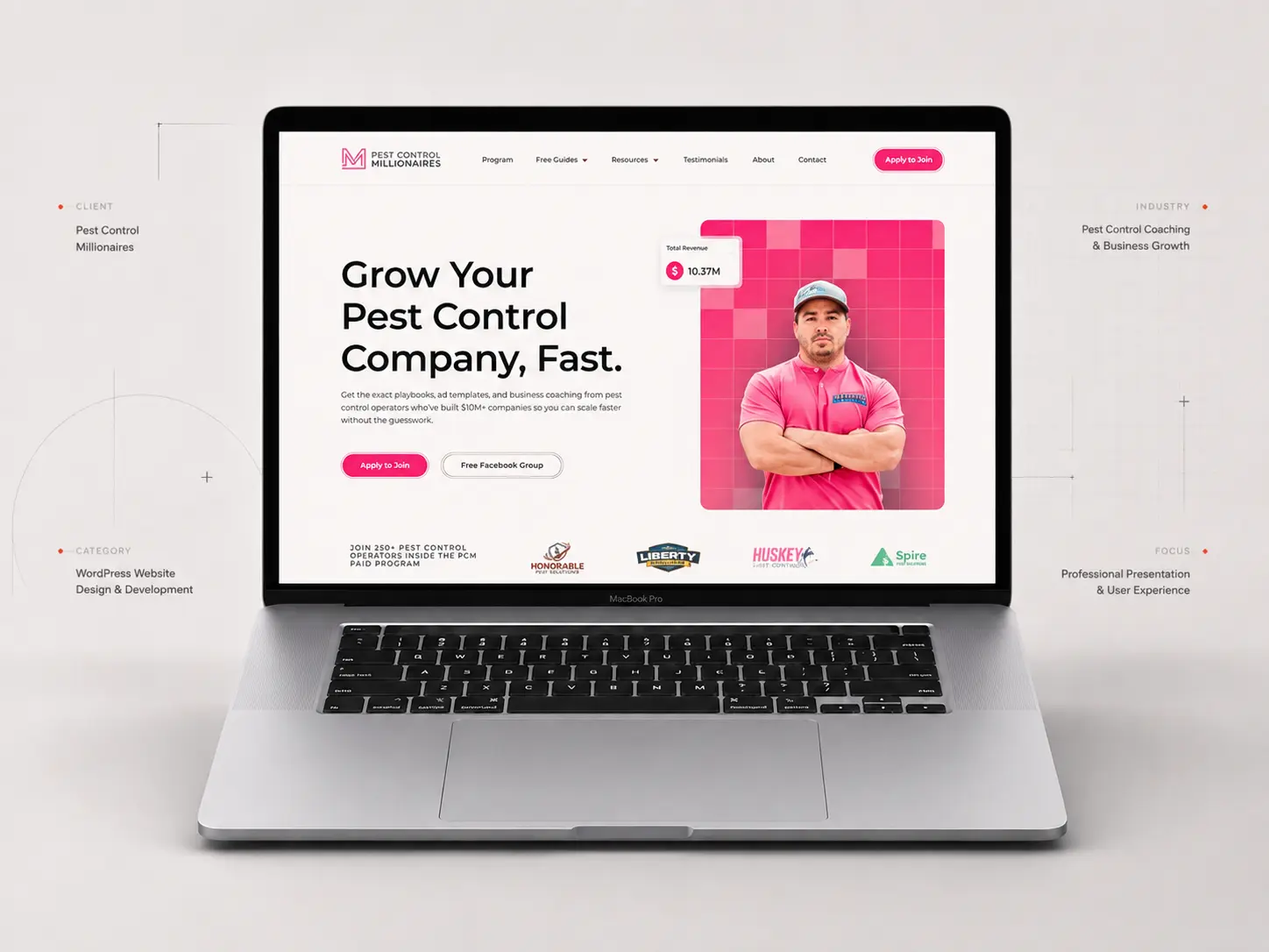 Website von Pest Control Millionaires auf einem Laptop